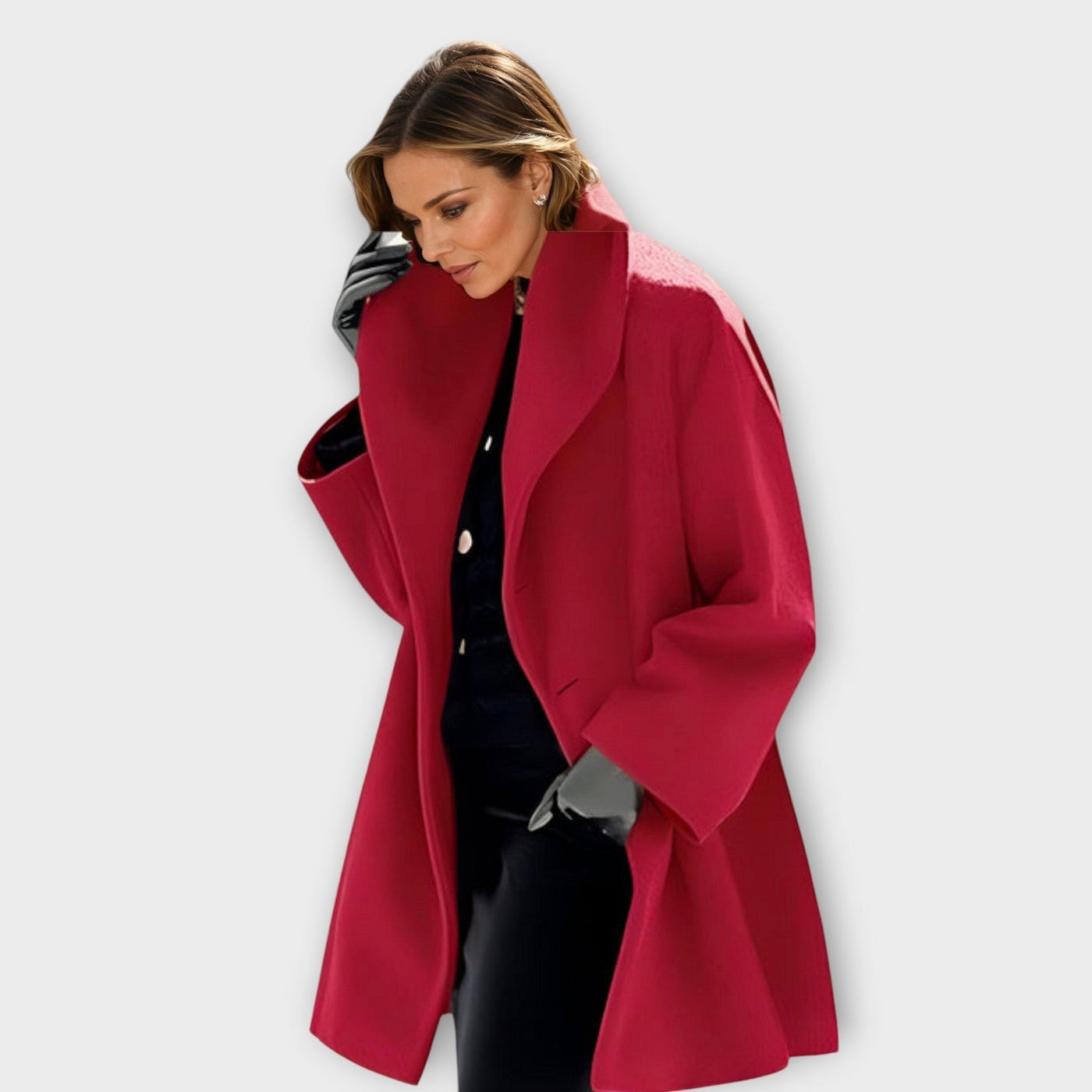 Elegant women's winter coat with large collar and buttons