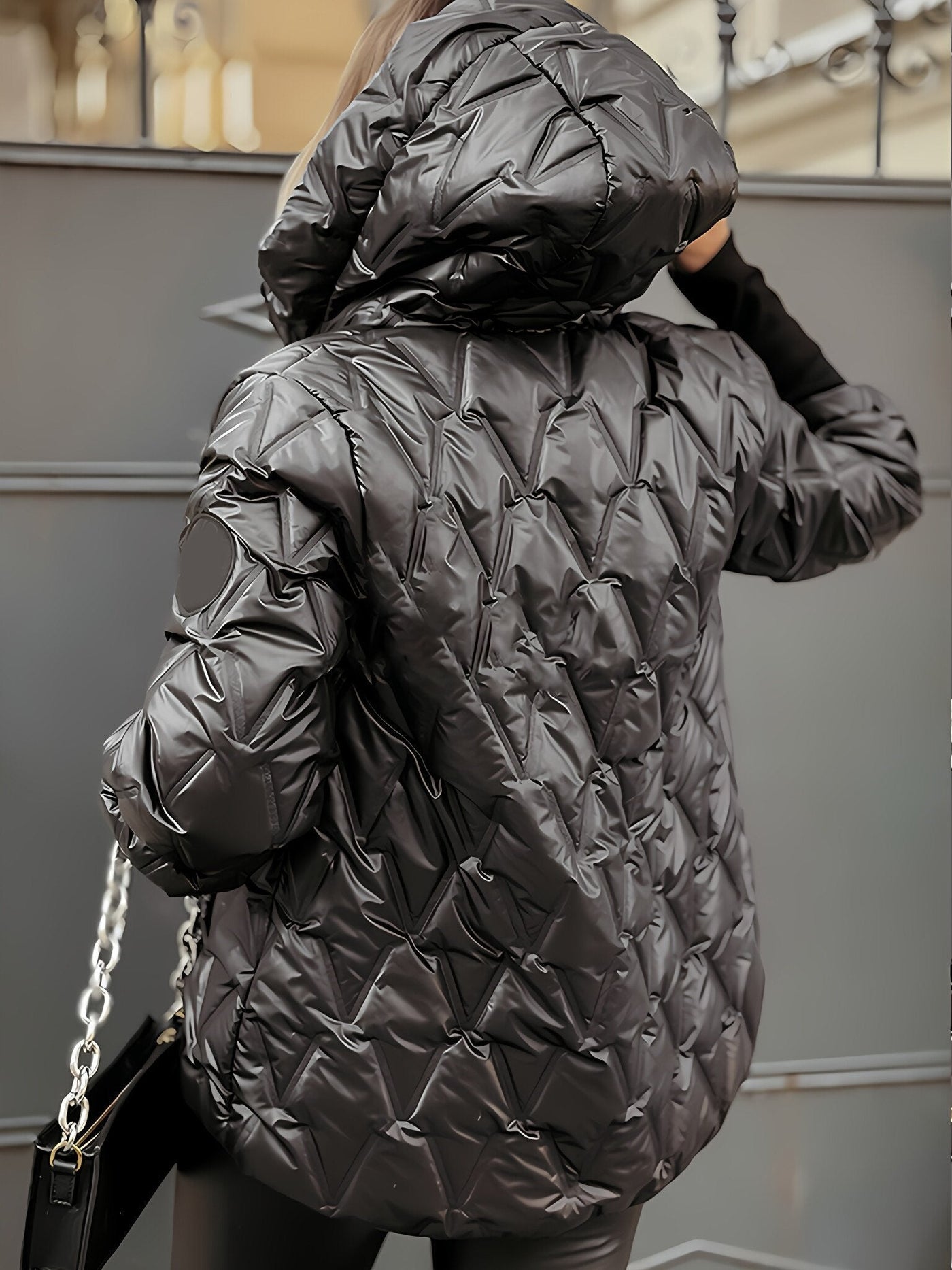 Women's Long-Sleeved Autumn and Winter Diamond-Print Hooded Jacket