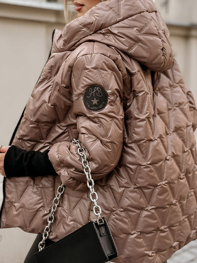 Women's Long-Sleeved Autumn and Winter Diamond-Print Hooded Jacket