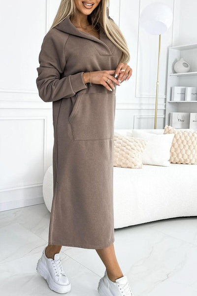 Women's autumn and winter solid color hooded long dress, casual and versatile