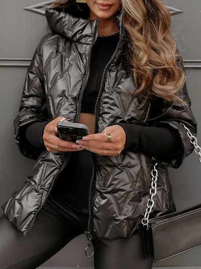 Women's Long-Sleeved Autumn and Winter Diamond-Print Hooded Jacket