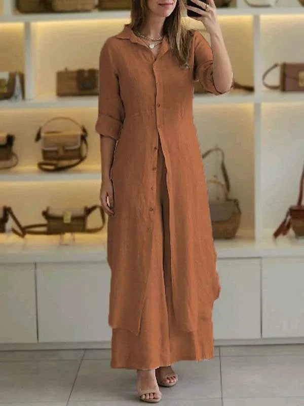 Long set with a long-sleeved button-down maxi shirt and wide-legged pants