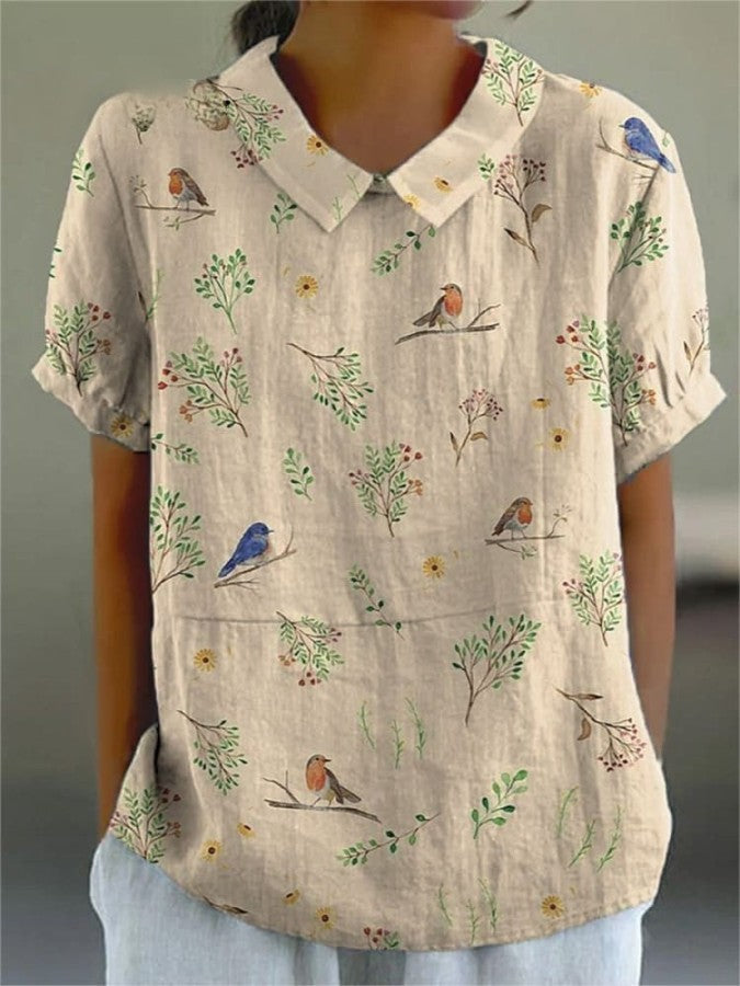Lucia - Women's Casual Cotton Linen Shirt with Birds, Branches, and Robin Print
