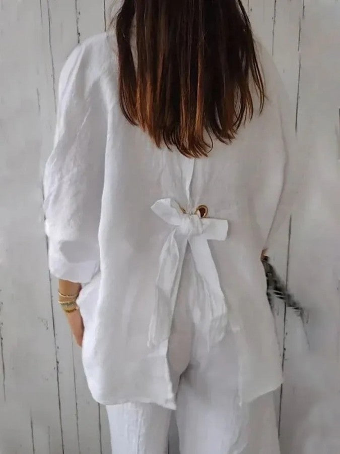 Gabriela - Women's Casual Cotton and Linen Bow Shirt
