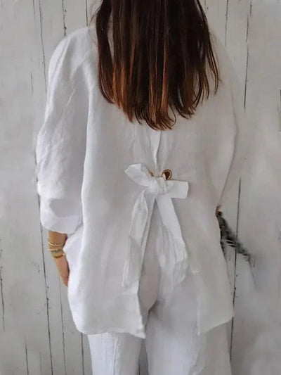 Gabriela - Women's Casual Cotton and Linen Bow Shirt