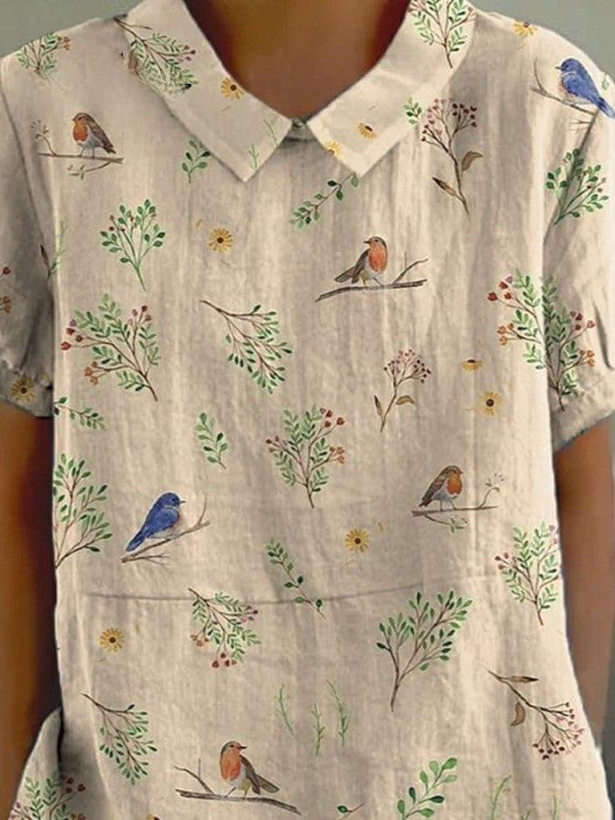 Lucia - Women's Casual Cotton Linen Shirt with Birds, Branches, and Robin Print