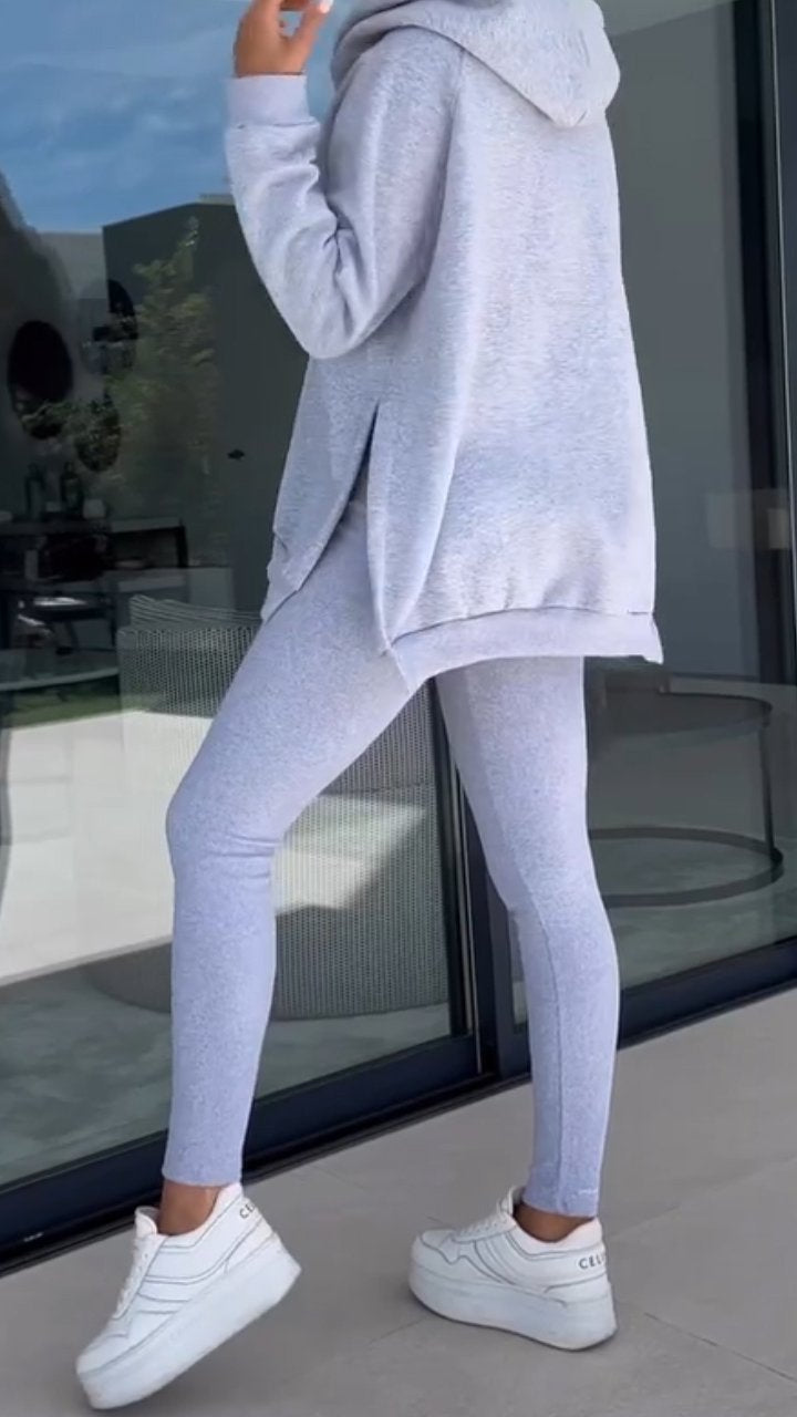 Casual two-piece hooded sweatshirt set with slit