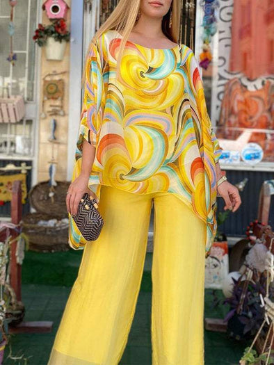 Guadalupe - Colorful chiffon women's set, two pieces with a round neckline, summery and casual
