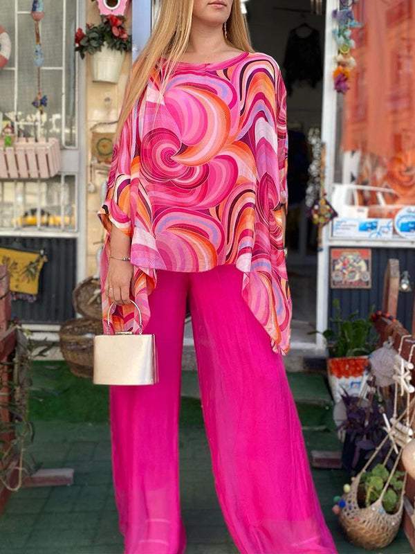 Guadalupe - Colorful chiffon women's set, two pieces with a round neckline, summery and casual