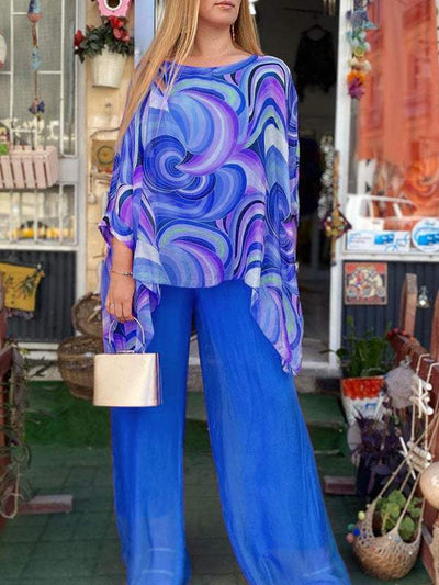Guadalupe - Colorful chiffon women's set, two pieces with a round neckline, summery and casual