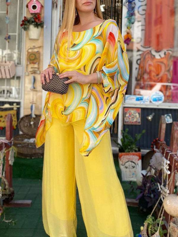 Guadalupe - Colorful chiffon women's set, two pieces with a round neckline, summery and casual