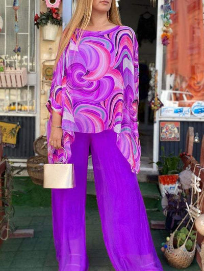 Guadalupe - Colorful chiffon women's set, two pieces with a round neckline, summery and casual