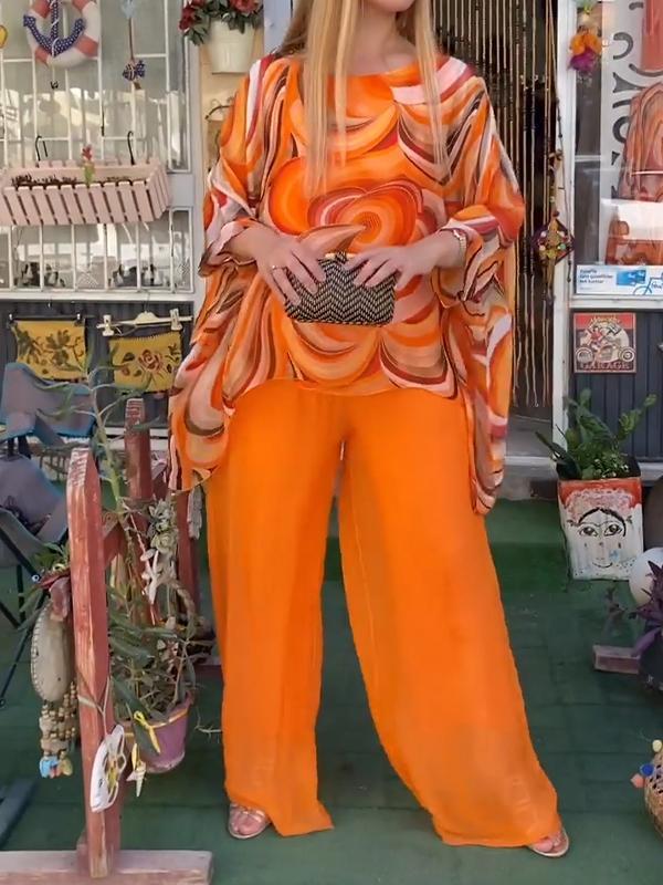 Guadalupe - Colorful chiffon women's set, two pieces with a round neckline, summery and casual