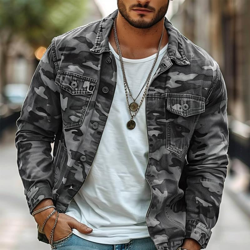 Men's Retro Style Jacket with Camouflage Print and Classic Collar