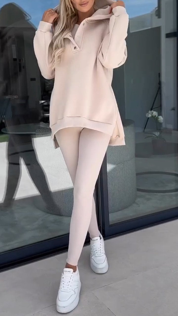 Casual two-piece hooded sweatshirt set with slit