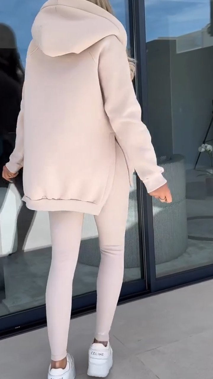 Casual two-piece hooded sweatshirt set with slit