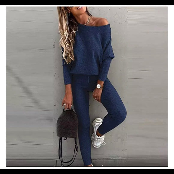 Women's casual set with boat neck sweater and fitted pants