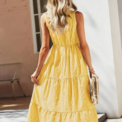 Gianna - A-line dress with notched neck and striped print - Yellow