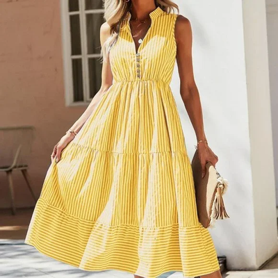 Gianna - A-line dress with notched neck and striped print - Yellow