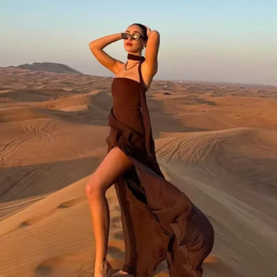 Elegant long dress with open back and scarf collar