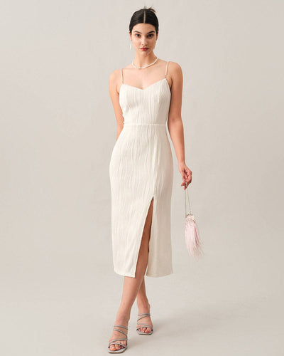 Elegant midi dress with thin straps and delicate texture