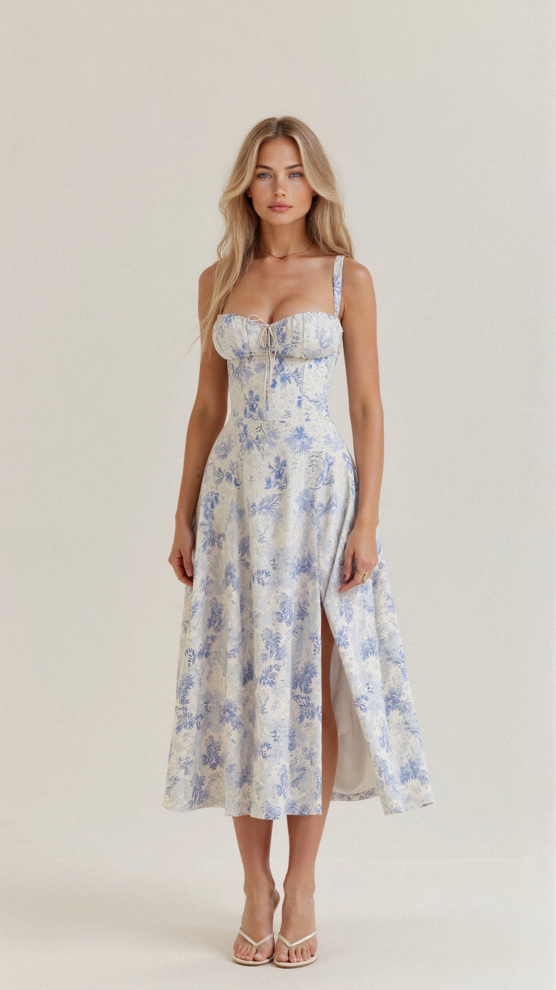 Women's midi dress with a fitted corset and full skirt, ideal for special events