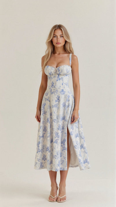 Women's midi dress with a fitted corset and full skirt, ideal for special events