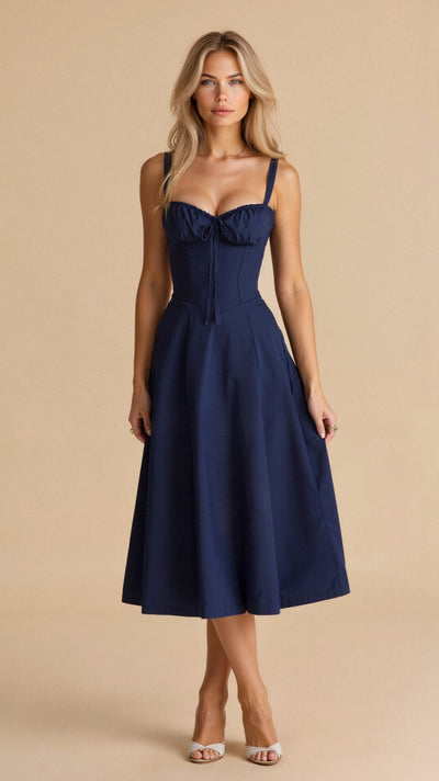 Women's midi dress with a fitted corset and full skirt, ideal for special events