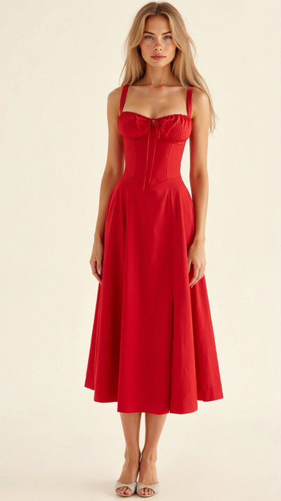 Women's midi dress with a fitted corset and full skirt, ideal for special events