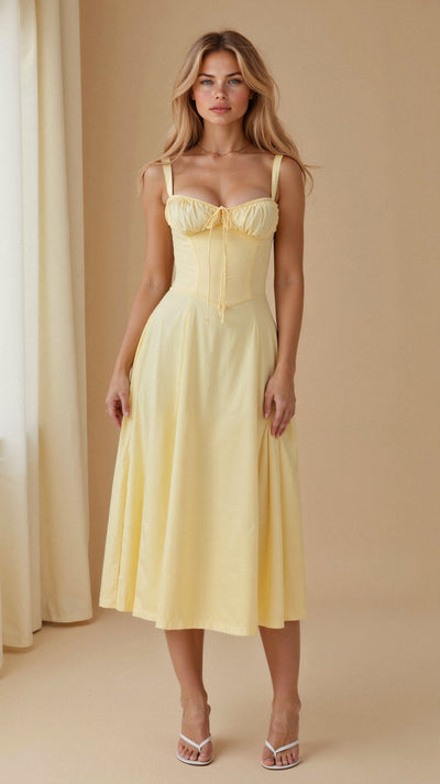 Women's midi dress with a fitted corset and full skirt, ideal for special events