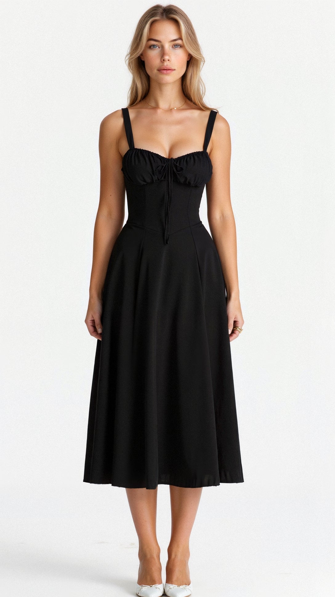 Women's midi dress with a fitted corset and full skirt, ideal for special events