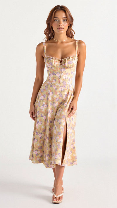 Women's midi dress with a fitted corset and full skirt, ideal for special events