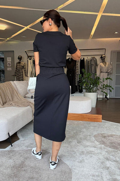 Elegant set with V-neck top and flowing midi skirt