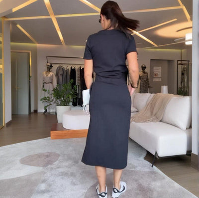 Elegant set with V-neck top and flowing midi skirt