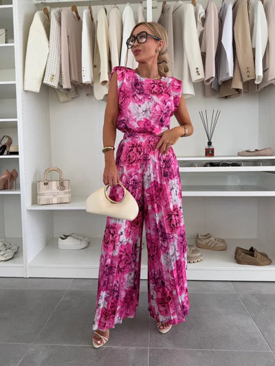 Modern set of sleeveless top and pleated wide-leg pants