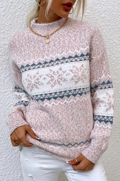 Contrast collar sweater with snow print for winter walks