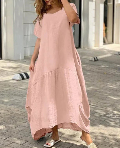 Mila - Women's Short Sleeve V-Neck Flared Maxi Dress