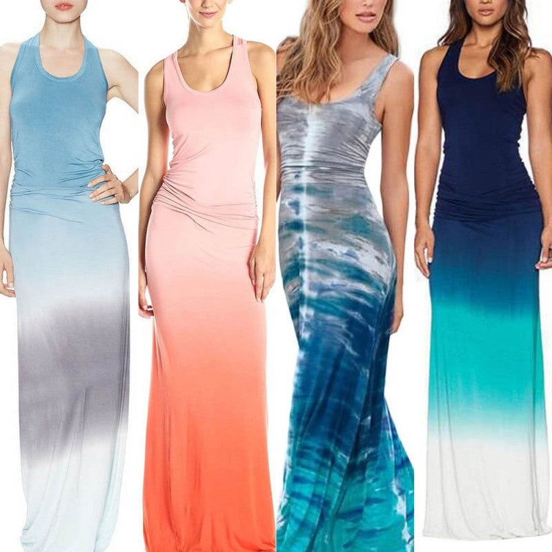 Retro-style sleeveless long dress for casual and beach days