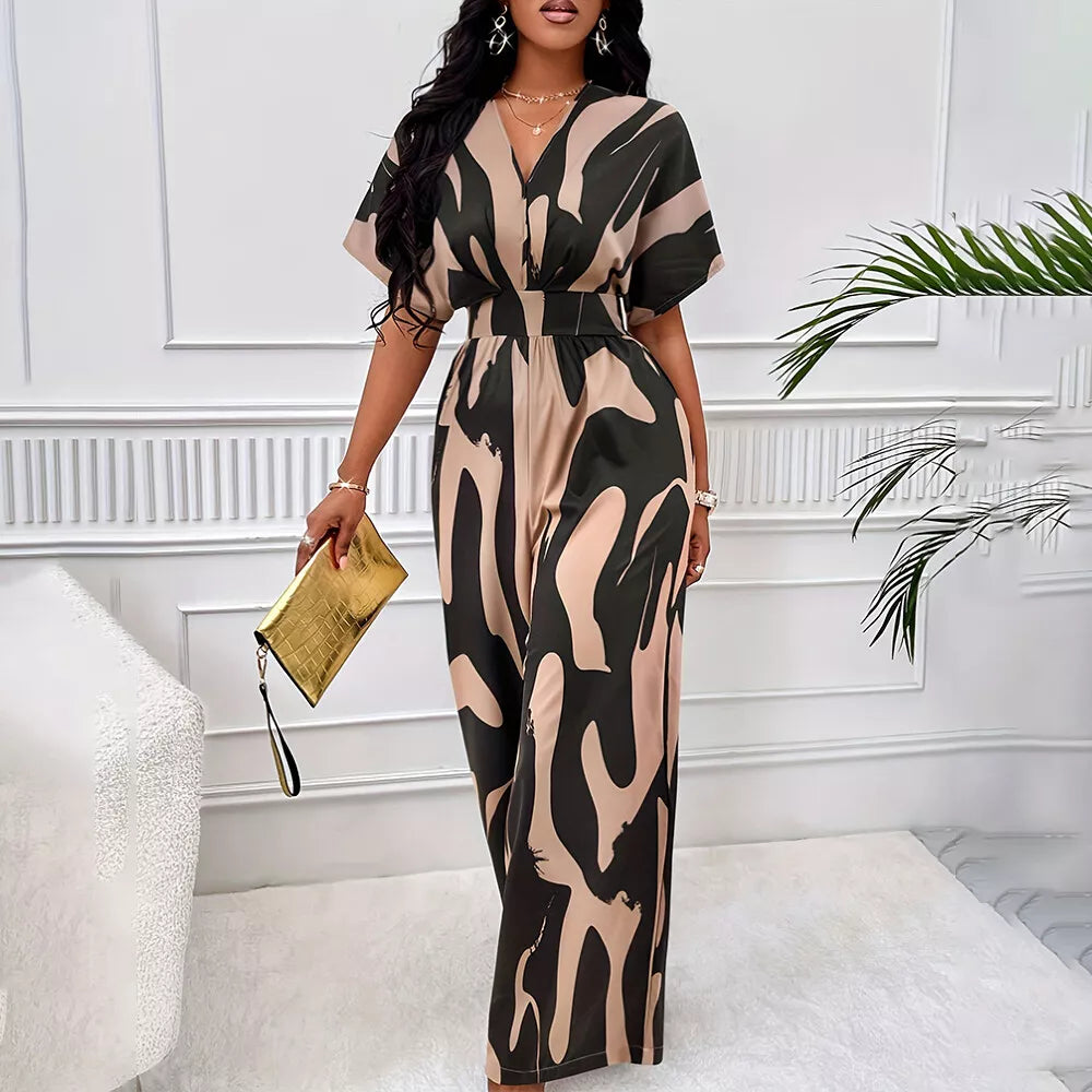 Women's summer jumpsuit with V-neck and wide leg