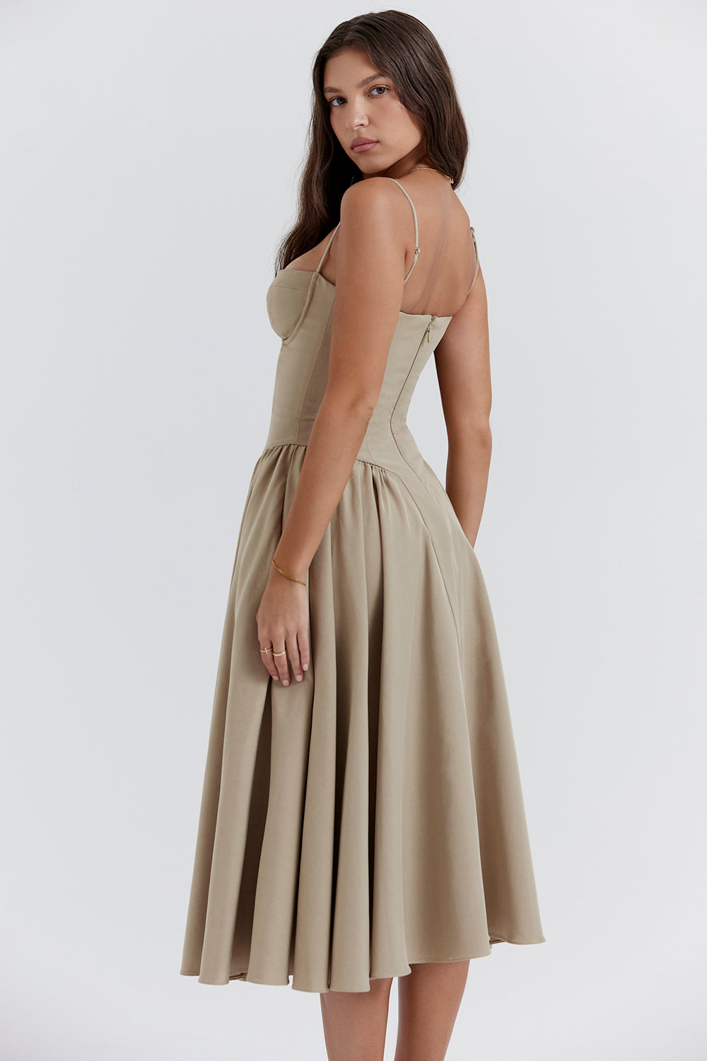 Corset-style midi dress with thin straps and an elegant silhouette