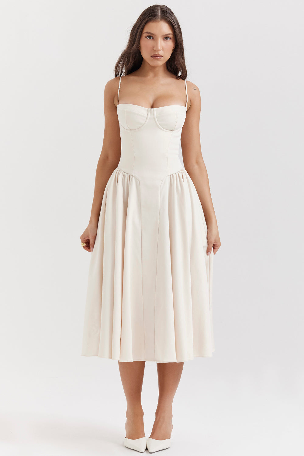 Corset-style midi dress with thin straps and an elegant silhouette