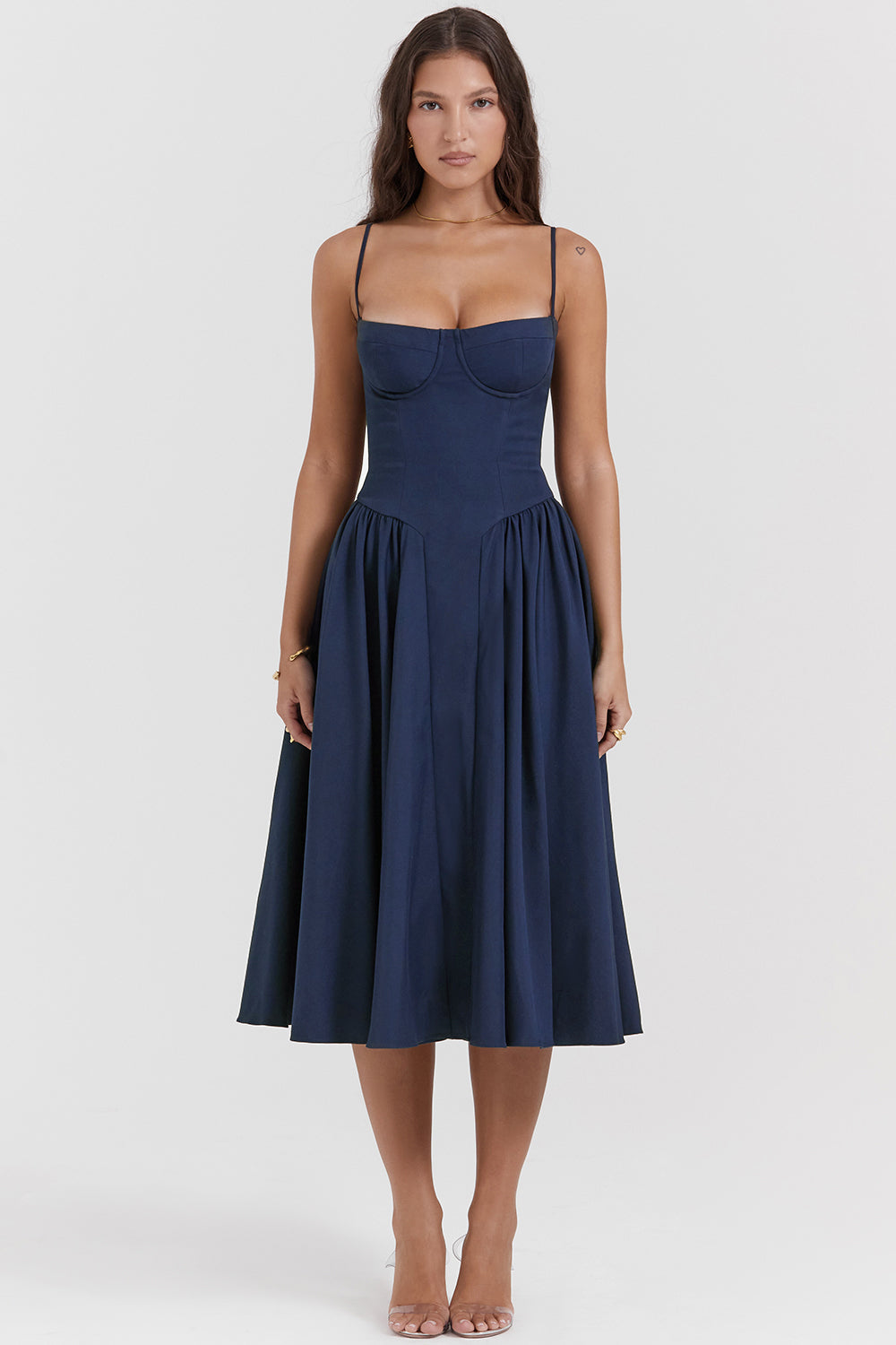 Corset-style midi dress with thin straps and an elegant silhouette
