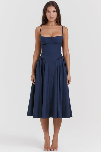 Corset-style midi dress with thin straps and an elegant silhouette
