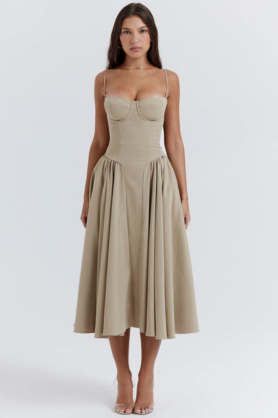 Corset-style midi dress with thin straps and an elegant silhouette