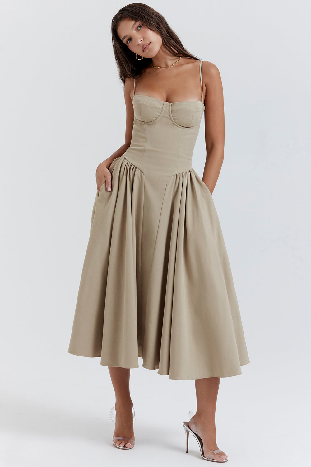 Corset-style midi dress with thin straps and an elegant silhouette