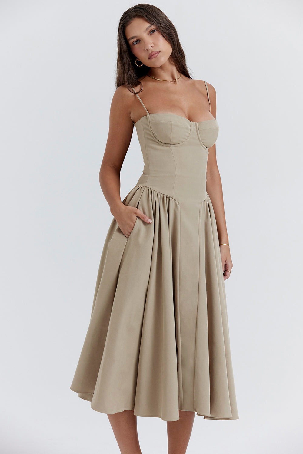 Corset-style midi dress with thin straps and an elegant silhouette