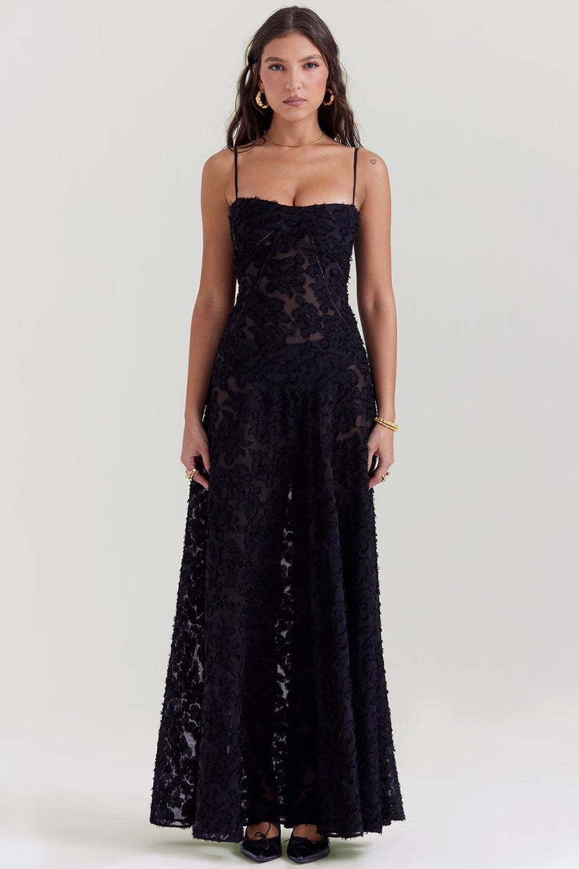 Maxi dress with lace and shiny fabric
