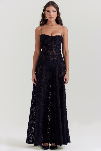 Maxi dress with lace and shiny fabric
