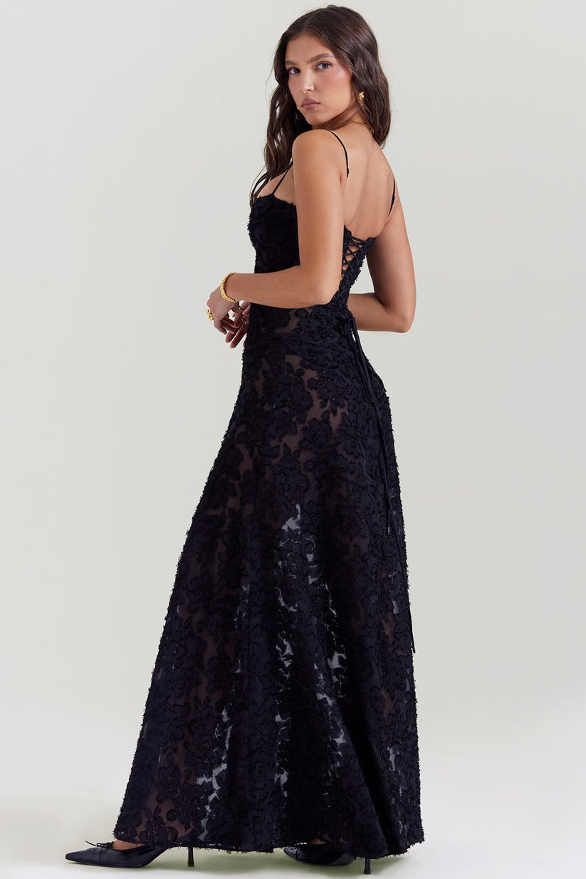 Maxi dress with lace and shiny fabric