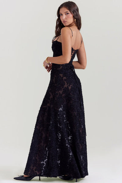 Maxi dress with lace and shiny fabric